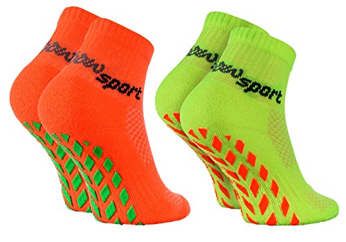 Rainbow Socks - Jungen Mädchen Neon Sneaker Sport Stoppersocken - 2 Paar - Orange Grün - Größen 24-29 von Rainbow Socks