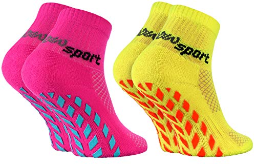 Rainbow Socks - Jungen Mädchen Neon Sneaker Sport Stoppersocken - 2 Paar - Rosa Gelb - Größen 30-35 von Rainbow Socks