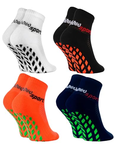 Rainbow Socks - Jungen Mädchen Neon Sneaker Sport Stoppersocken - 4 Paar - Weiß Schwarz Orange Blaub - Größen 30-35 von Rainbow Socks