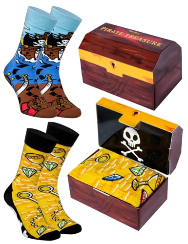 Rainbow Socks - Pirate Treasure Box Socks - Damen Herren Novelty Piratensocken in Box - Ein Socken Geschenk für Pirates-Fans in einer Piratentruhe - 2 Paar - Größen 36-40 von Rainbow Socks