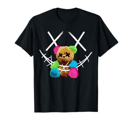 Rainbow Teddybär mit Stacheldraht-Gesicht: Süßer großer Teddybär T-Shirt für coole Jungs, Electro-Trance EDM Festival-Fans, modische Schüler & Gangsterrap-Fans - Schwarz, Kurzarm, S von Rainbow Teddy bear with Barbed-wire-Face T-Shirt