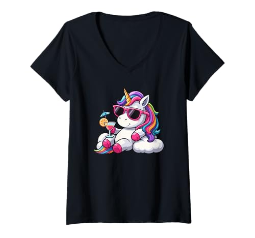 Damen Entspannendes Einhorn Chillen mit Cocktail Regenbogen T-Shirt mit V-Ausschnitt von Rainbow Unicorn Chill Vibes Vacation Designs