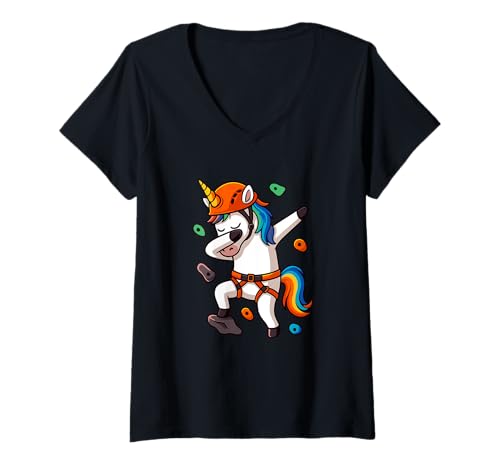 Damen Lustiges Kletter-Einhorn, Rockwall Humor T-Shirt mit V-Ausschnitt Damen Lustiges Kletter-Einhorn, Rockwall Humor T-Shirt mit V-Ausschnitt von Rainbow Unicorn Rock Climbing Apparel