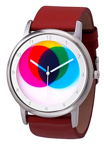 Rainbow Watch Unisex Quarzuhr Avantgardia CMYK mit rotem Echtleder Armband von Rainbow emotion of colours