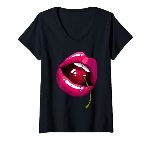 Damen Regenbogenlippen mit Kirsche im Mund 80er Jahre Nostalgie T-Shirt mit V-Ausschnitt Damen Regenbogenlippen mit Kirsche im Mund 80er Jahre Nostalgie T-Shirt mit V-Ausschnitt von Rainbow lips cherry