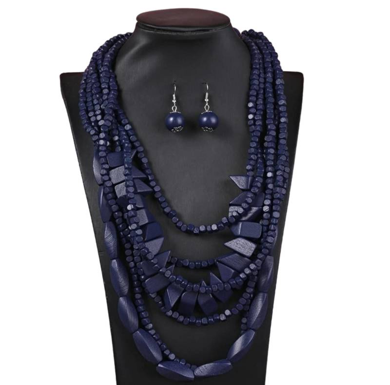 Boho Navy Blue Holzperlenkette Und Ohrringe Set, Layered Statement Schmuck, Umweltfreundliches Handgefertigtes Accessoire von RainbowBohoDesign