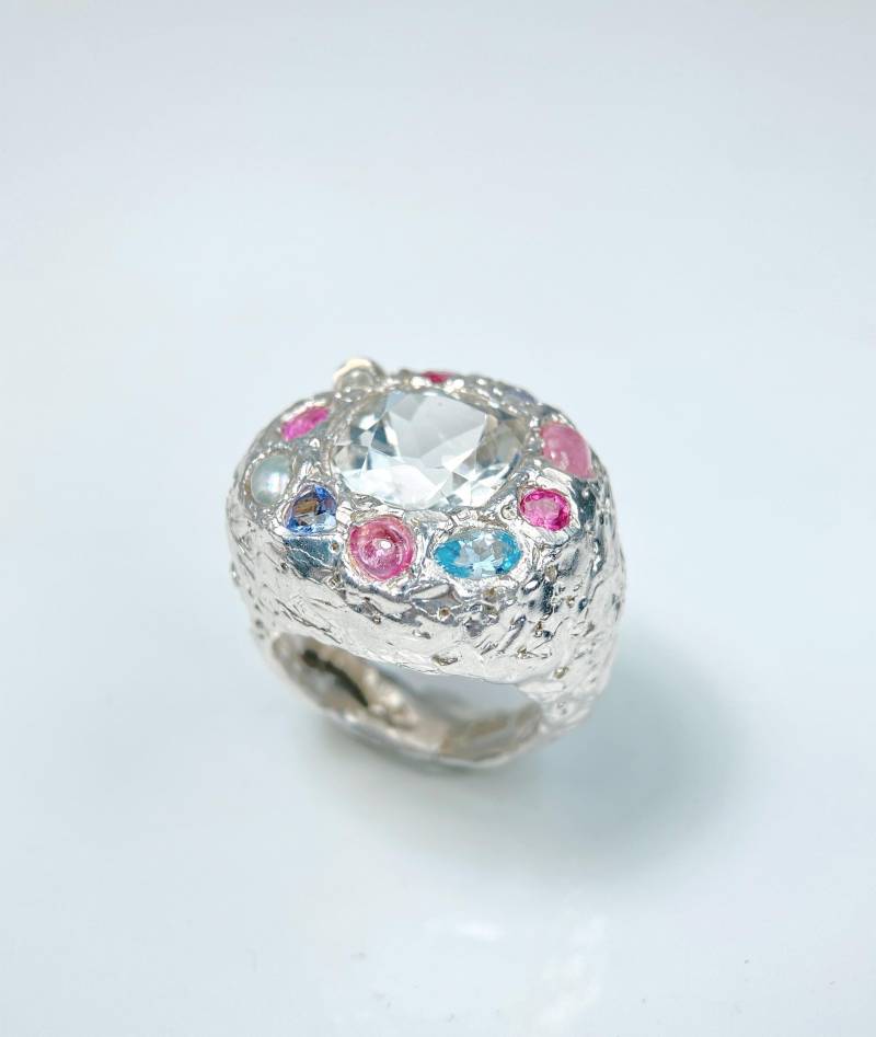 Großer Massiver Sterling Silber Ring Mit Topas, Aquamarin & Saphir Edelsteinen, in Lager von RainbowOfBijou