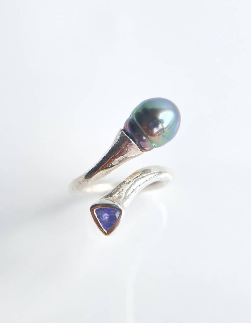 Regenbogen Glanz Tahiti Perle Und Blau Tansanit Ring, Sterling Silber, in Lager von RainbowOfBijou