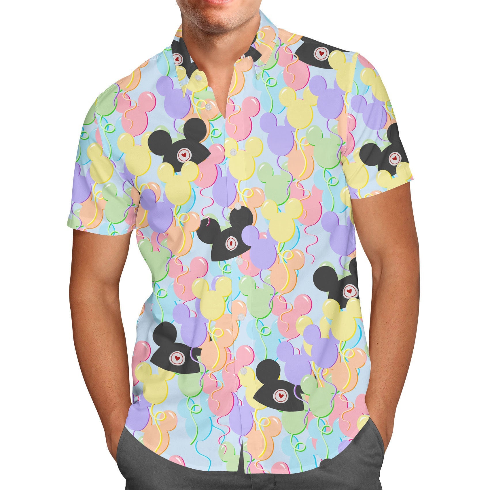 Pastell Mickey Ears Ballons Vergnügungspark Inspiriert - Kurzarm Hemd Durchgeknöpft Für Männer in Xs 5Xl Rush Avail von RainbowRules