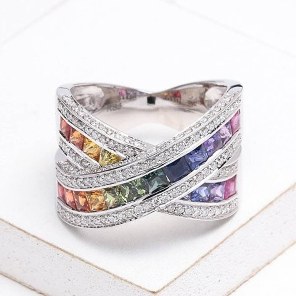 Großer Statement-Ring, Regenbogen-Saphir-Bypass-Diamantring, 14-Karätiger Echtgoldring von RainbowSapphires