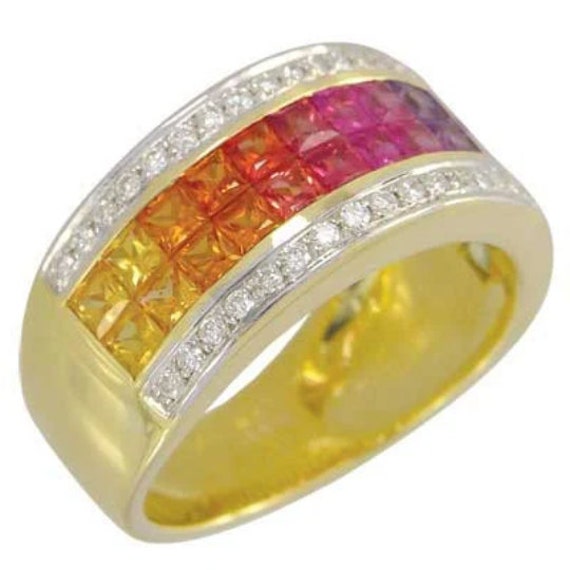 Mehrfarbiger, Unsichtbarer Regenbogen-Saphir - Und Diamant-Bandring Aus 18-Karätigem Gelbgold | 4, 3 Ct Tw Sku R1532-18K-Yg von RainbowSapphires