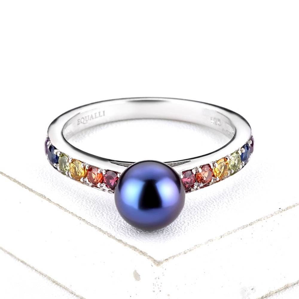 Ring Aus 14 Karat Weißgold Mit Tahitiperlen Und Natürlichem Regenbogensaphir. Geburtsstein Juni/September. R2204-Wg von RainbowSapphires