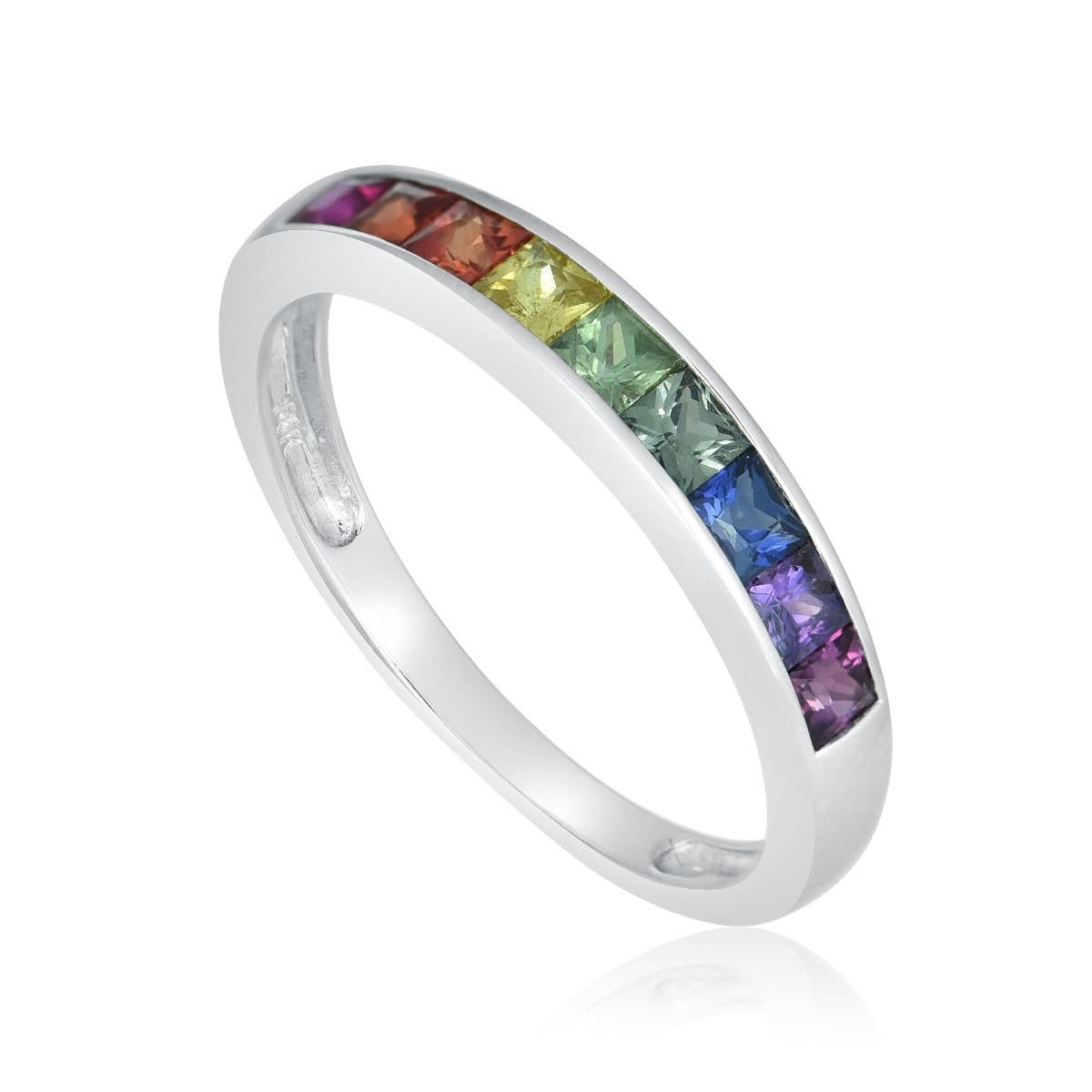 Saphir Band Halb Eternity Ring Für Frauen Statement Natürlicher Regenbogen Sapphire Princess Cut 1 Karat 14K Weißgold Passender Ehering von RainbowSapphires