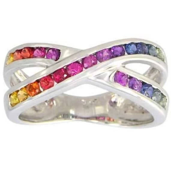 Saphir-Criss-Cross-Ring | 1, 2 Ct Tw, Mehrfarbiger Regenbogen-Saphir-Spezialring Aus 14 Karat Weißgold von RainbowSapphires