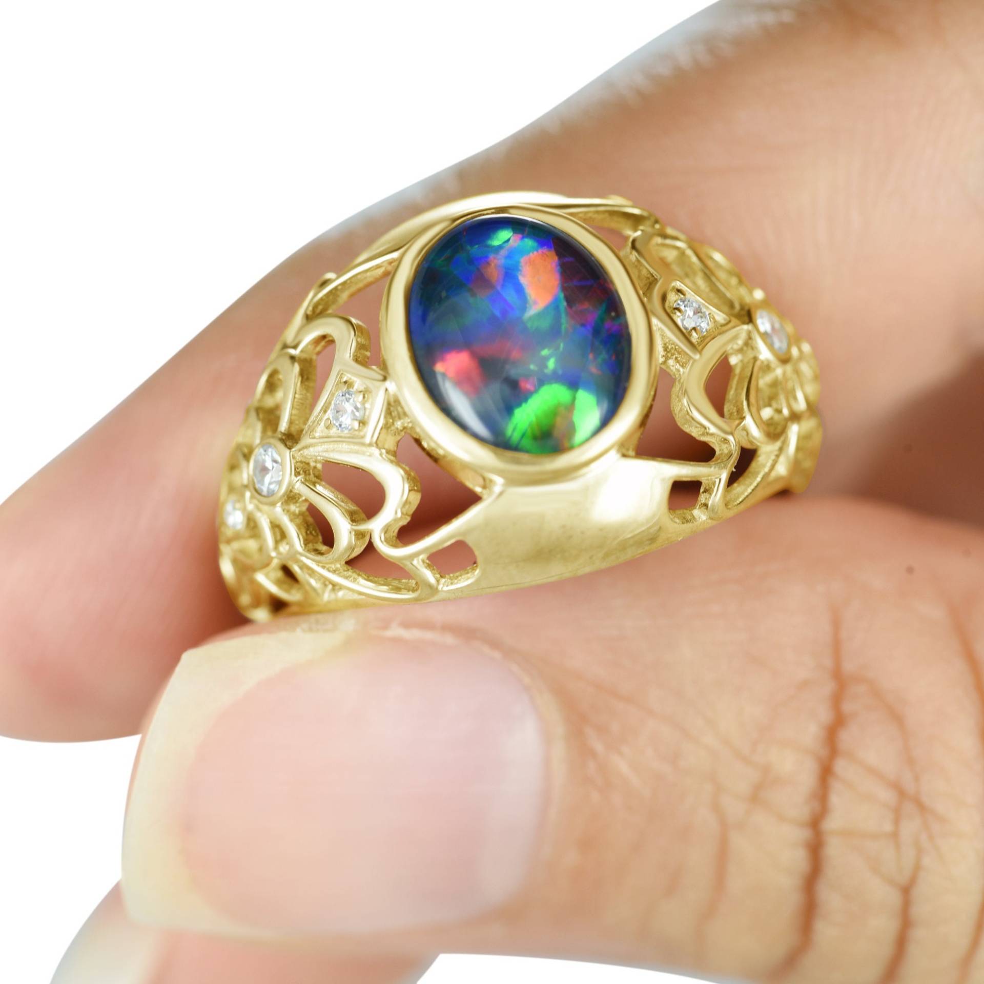 Schwarzer Opal - Und Diamantring, 18K 14K Filigraner Blumenkuppel-Goldring, Diamant-Opal-Verlobungsring, Zierlicher Goldopal-Ring R2420 von RainbowSapphires