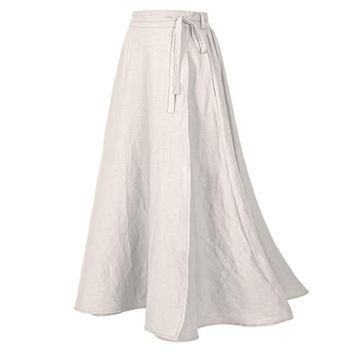 Übergröße Leinen Wickelrock mit Maxirock Casual Vintage A-Linie Leinenrock für Damen S-4XL, Z2973wh, X-Groß von Rainday