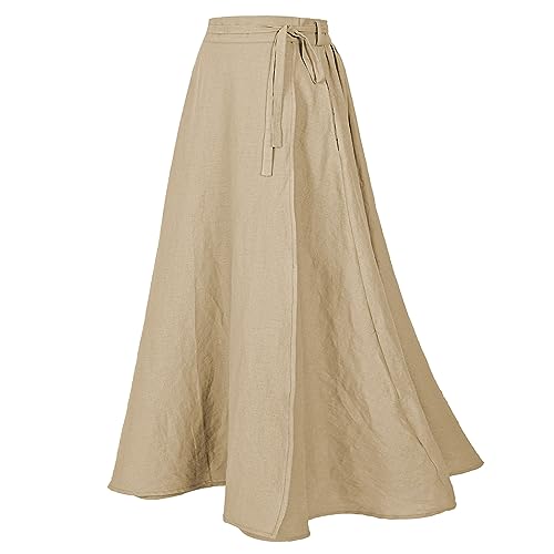 Übergröße Leinen Wickelrock mit Maxirock Casual Vintage A-Linie Leinenrock für Frauen S-4XL, Z2973ye Beige, Groß von Rainday