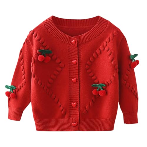Rainjia 1-7 Jahre Baby Strickjacke Mädchen 74/80/86 Mädchen Bolero Jacke Strickjacke mit Gestrickte Kirschen 92/98/104/116 Cardigan Lange Ärmel Strickware Strickpullover Schuluniform mit Knöpfen von Rainjia
