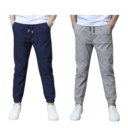 Rainjia 3-11 Jahre Jungen Baumwolle Hose Dünn Sommerhose 134/146/152, 2er Pack Kinder Freizeithose Chinohose 116/122/128 Stoffhose Einfarbig Jogginghose Jungs 98/104/110 von Rainjia