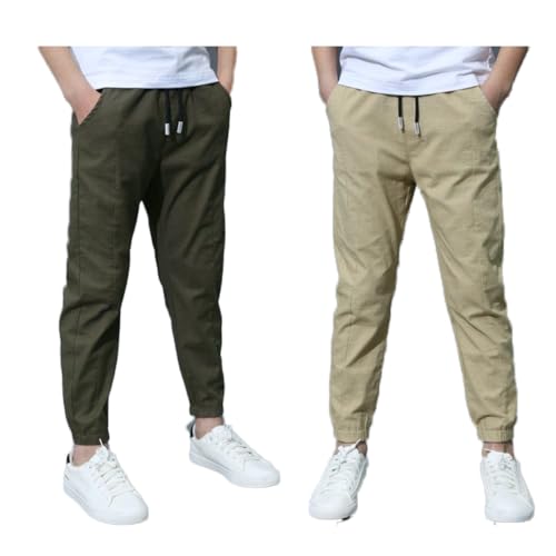 Rainjia 3-11 Jahre Jungen Baumwolle Hose Dünn Sommerhose 134/146/152, 2er Pack Kinder Freizeithose Chinohose 116/122/128 Stoffhose Einfarbig Jogginghose Jungs 98/104/110 von Rainjia