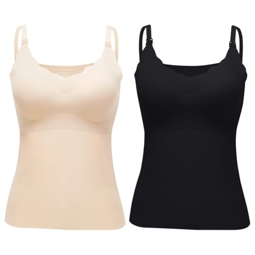 Rainjia Damen Stilltop Nahtloses Unterhemd BH-Hemd, 2er Pack Mutterschaft Tanktop mit Eingebautem BH Bügelloser Gepolstert Spaghetti Tops für Stillen Schlaf Camisole Freizeit und Alltag von Rainjia