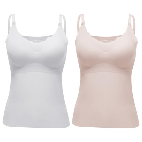 Rainjia Damen Stilltop Nahtloses Unterhemd BH-Hemd, 2er Pack Mutterschaft Tanktop mit Eingebautem BH Bügelloser Gepolstert Spaghetti Tops für Stillen Schlaf Camisole Freizeit und Alltag von Rainjia