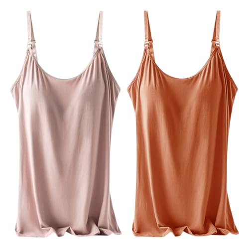Rainjia Damen Stilltop Unterhemd BH-Hemd, 2er Pack Mutterschaft Tanktop Integriertem BH Spaghetti Tops Oberteil Ohne Bügel Trägertop Camilose Top Modal für Stillen Schlaf Freizeit und Alltag von Rainjia