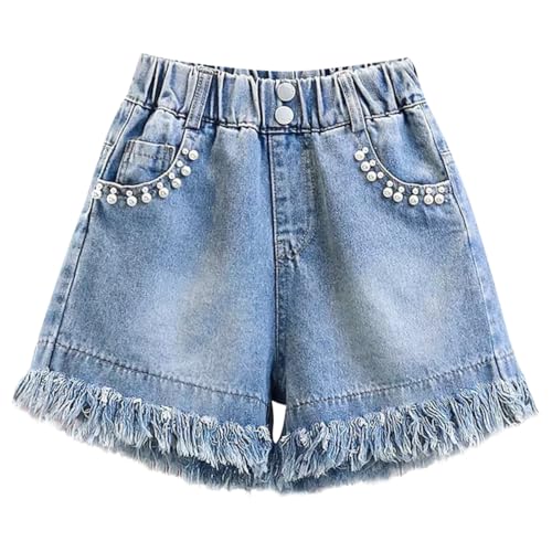 Rainjia Kurze Hose Kinder Mädchen Jeans 3-11 Jahren, Mädchen Sommer Baumwolle Denim Shorts mit perlenverzierte Taschen Kurze Jeans Hose Leicht Denim Hotpants Freizeit Sommerhose Kurze, GR. 104-146 von Rainjia