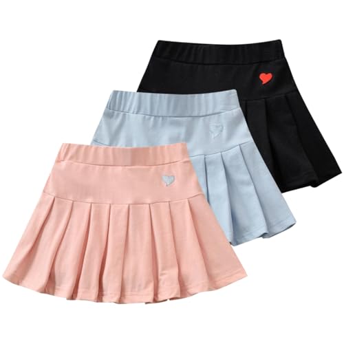 Rainjia Mädchen Faltenrock Schulmädchen Skater Rock mit Hose Gr. 86-14, 3er Pack Solide Sport Rock mit Hose Drunter Tennis Basic Plissee Röcke mit Herzförmiges Stickmuster 2-11 Jahren von Rainjia