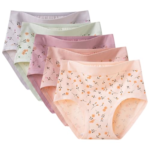 Rainjia Unterhosen Damen Große Größen 88-220lb, 5er Pack Stretch Taillenslip Schlüpfer Baumwolle mit Blumenmuster Hoher Taille Damen Senioren Bunt Unterhosen Mittlere Ältere von Rainjia