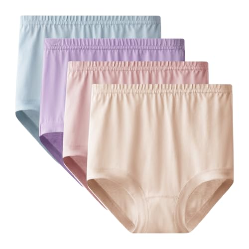 Rainjia Unterhosen Senioren Damen 100% Baumwolle, 4er Pack Hohe Taille Stretch Slips Übergröße Lose Höschen Weiche Unterwäsche Oma schlüpfer Hipster für Frauen Mittleren und Älteren Alters von Rainjia