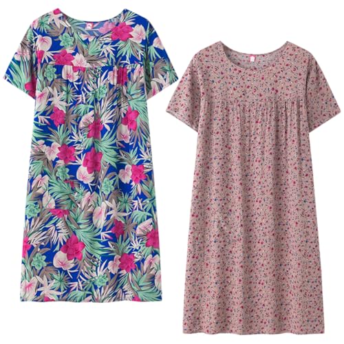 Rianjia 2er Pack Nachthemd Damen Kurzarm Nachtkleid Lose Full Nachthemden Sommer locker Schlafshirt Nachtwäsche Freizeitkleid Sleepwear für ältere Frauen wie Oma von Rainjia