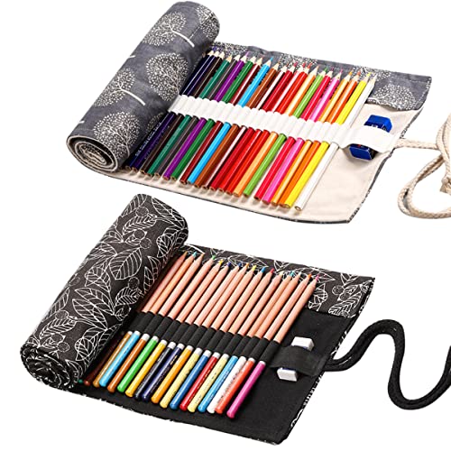 2 Stück Stifterolle Rollmäppchen 36 Löcher Stifterolle Kinder Rollmäppchen Pinsel Canvas Pinseltasche Künstler Waschbar für Aquarellstifte Bleistifte Buntstifte Schule Studenten, Blätter/Bäume von Rairsky