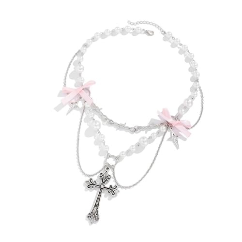 Einzigartige Punk Bowknot Halskette Edgy Metal Crosses Mit Fransen Und Perlen Verzierungen Für Trendige Outfits Mode von Rairu