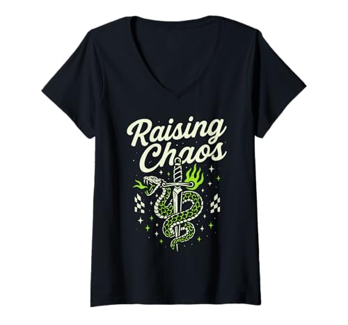 Damen Wildes Motto „Raising Chaos“ mit Snake-Grafik T-Shirt mit V-Ausschnitt von Raising Chaos Serpent Club