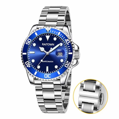 Raitown Herren Uhr Edelstahl Japan Quarzwerk Wasserdicht Leuchtzeiger 42mm Großes Zifferblatt Mode Business Klassisches Design Schwarz Grün Blau Uhr Man von Raitown