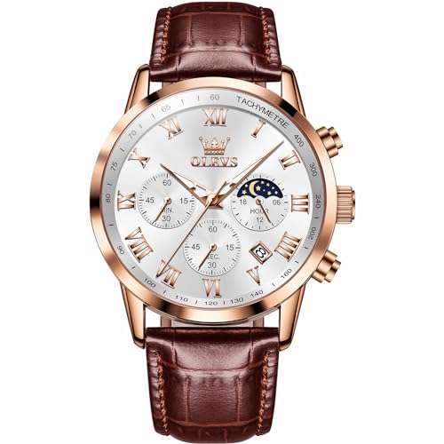 Raitown Uhr Herren Chronograph Mondphase Wasserdicht Analog Quarz Leder Armbanduhren Stylisch Leuchtend Klassisch Armbanduhr für Männ Weiß von Raitown