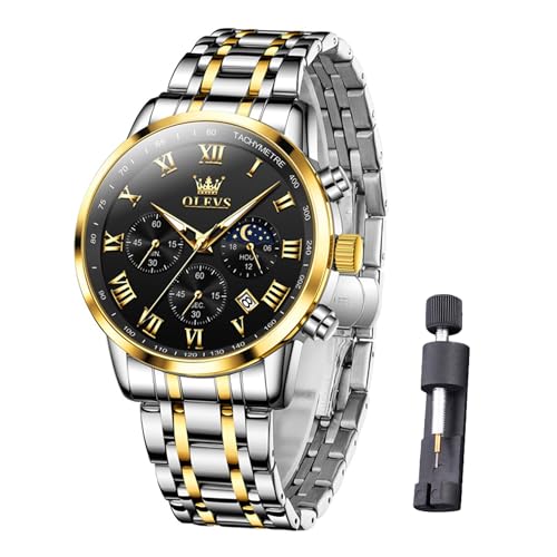 Raitown Uhr Herren Edelstahl Chronograph Mondphase Wasserdicht Analog Quarz Armbanduhren Stylisch Klassisch Armbanduhr für Männ Herr Uhr Schwarz Gold von Raitown