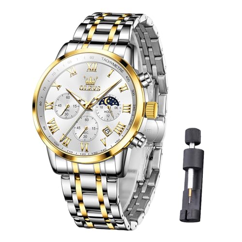 Raitown Uhr Herren Edelstahl Chronograph Mondphase Wasserdicht Analog Quarz Armbanduhren Stylisch Klassisch Armbanduhr für Männ von Raitown