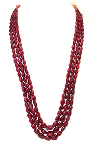 Rajasthan Gems Damen-Halskette, 3-reihig, roter Rubin, Cabochon-Perlen, Edelsteine, A394, Einstellbar, Edelstein, Rubin von Rajasthan Gems