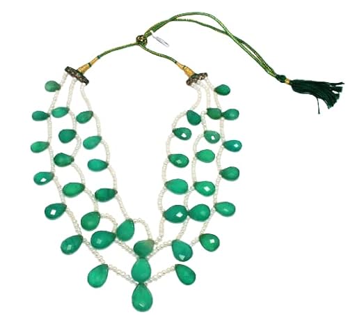 Rajasthan Gems Halskette mit 3 Strängen, Damen-Perlenschmuck, grüne Beryll, Süßwasserperle, Edelstein, verstellbar, E97, Einstellbar, Edelstein, Beryll von Rajasthan Gems