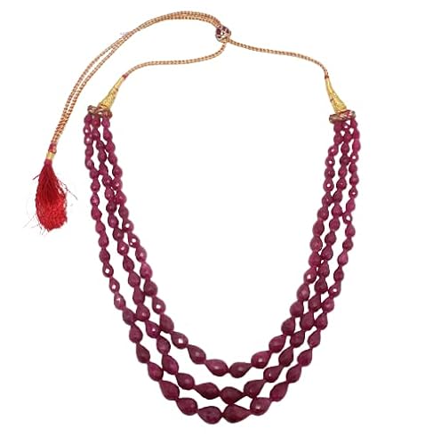 Rajasthan Gems Halskette mit 3 Strängen für Damen, Perlenschmuck, roter Rubin, natürlicher Edelstein, Diamantschliff, verstellbar, E101, Edelstein, Rubin von Rajasthan Gems