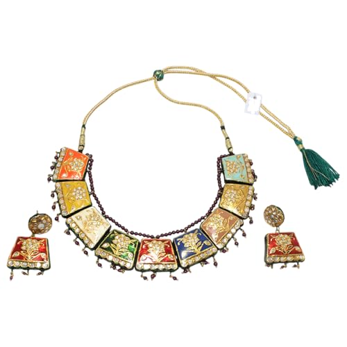 Rajasthan Gems Meena Hochzeits-Halsketten-Ohrring-Schmuck-Set, Perlen, Wachs, modisch, Emaille, natürlicher Granat, Edelstein, Perlen, Halsketten, traditionell, handgefertigt, wendbar, L231 von Rajasthan Gems