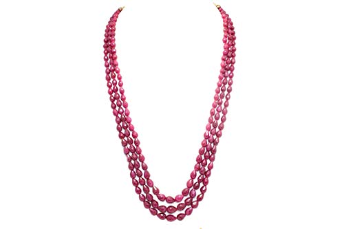 Rajasthan Gems Strang-Halskette, roter Rubin, Briolette-Schliff, große Perlen, behandelte Steine, 3-reihig, Stein, Rubin von Rajasthan Gems
