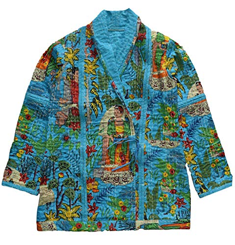 Rajbhoomi Frauen Kantha Jacke Frida Kahlo Druck Baumwolle Stoff handgefertigt gesteppt Frauen Bohemianjacke Gr. 42, türkis von Rajbhoomi