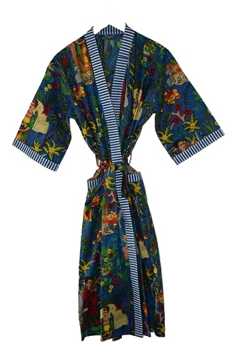 Rajbhoomi Frauen Kimono Roben Baumwolle Leichte Robe Kurze Strickmantel Nachtwäsche Damen Loungewear, Frida Kahlo Blue, Einheitsgr��e von RAJBHOOMI HANDICRAFTS