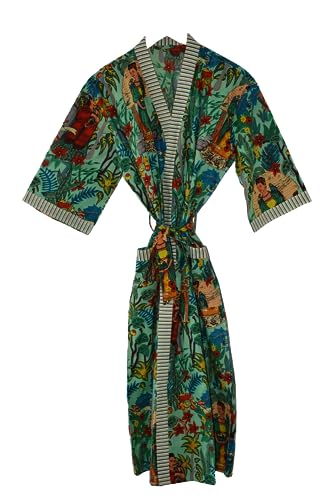 Rajbhoomi Kunsthandwerk Frauen Kimono Roben Baumwolle Leichte Robe Kurz Strick Bademantel Nachtwäsche Damen Loungewear, Frida Kahlo Grün, Einheitsgr��e von RAJBHOOMI HANDICRAFTS