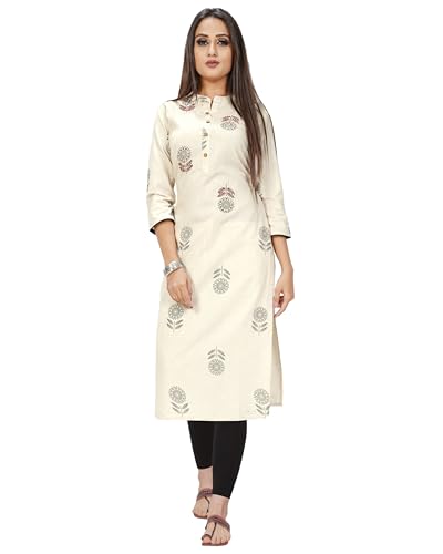 Rajnandini Beigefarbenes Kurti für Damen aus reiner Baumwolle mit Jaipuri-Druck (JOPLVL116-P), Beige, L von Rajnandini
