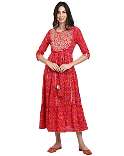 Rajnandini Damen-Bandhani aus reiner Batist-Baumwolle, bedruckt und bestickt (JOPLVL115), Pink, M von Rajnandini