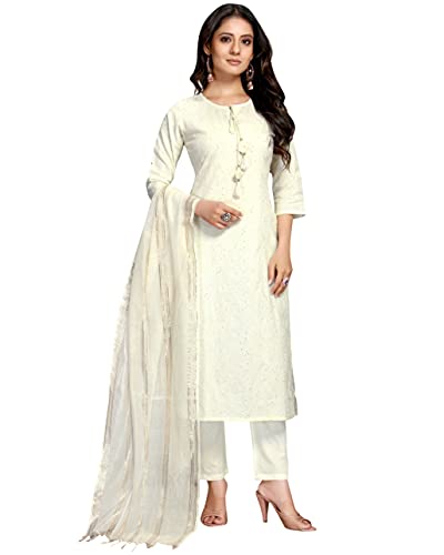 Rajnandini Damen Kurta-Set mit Dupatta, reine Batist-Baumwolle, Blumenstickerei, cremefarben (S - Größe), Cremeweiß, Large von Rajnandini